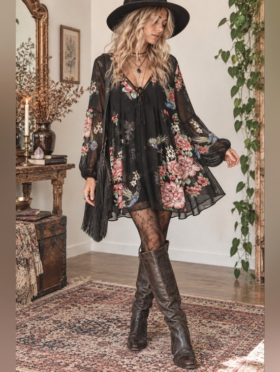 Forever 21 Dresses & Skirts - Dark Floral Babydoll Mini Dress Sheer Blouse Boho Whimsigoth Fairycore S/M/L
